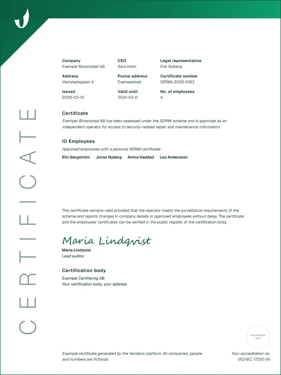 Example of a SERMI certificate generated by the platform, for a fictional workshop and its employees